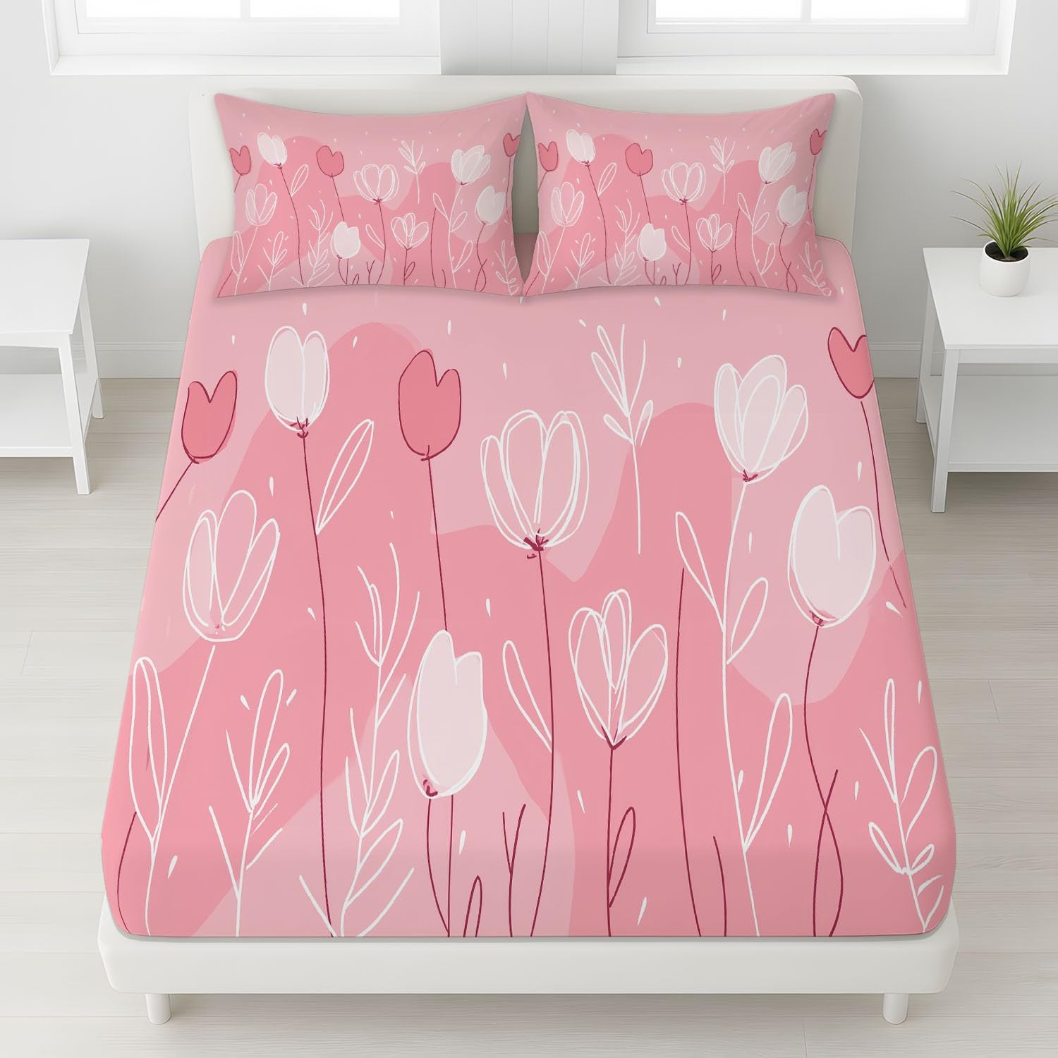 Rosa Sabanas 105 x 190 x 30 Cama 105 para Colchón de 30 cm de Altura Sabanas Ajustable Suave Transpirable Sabanas para Adultos y Ninos Minimalista Bonito Tulipanes Dibujado A Mano