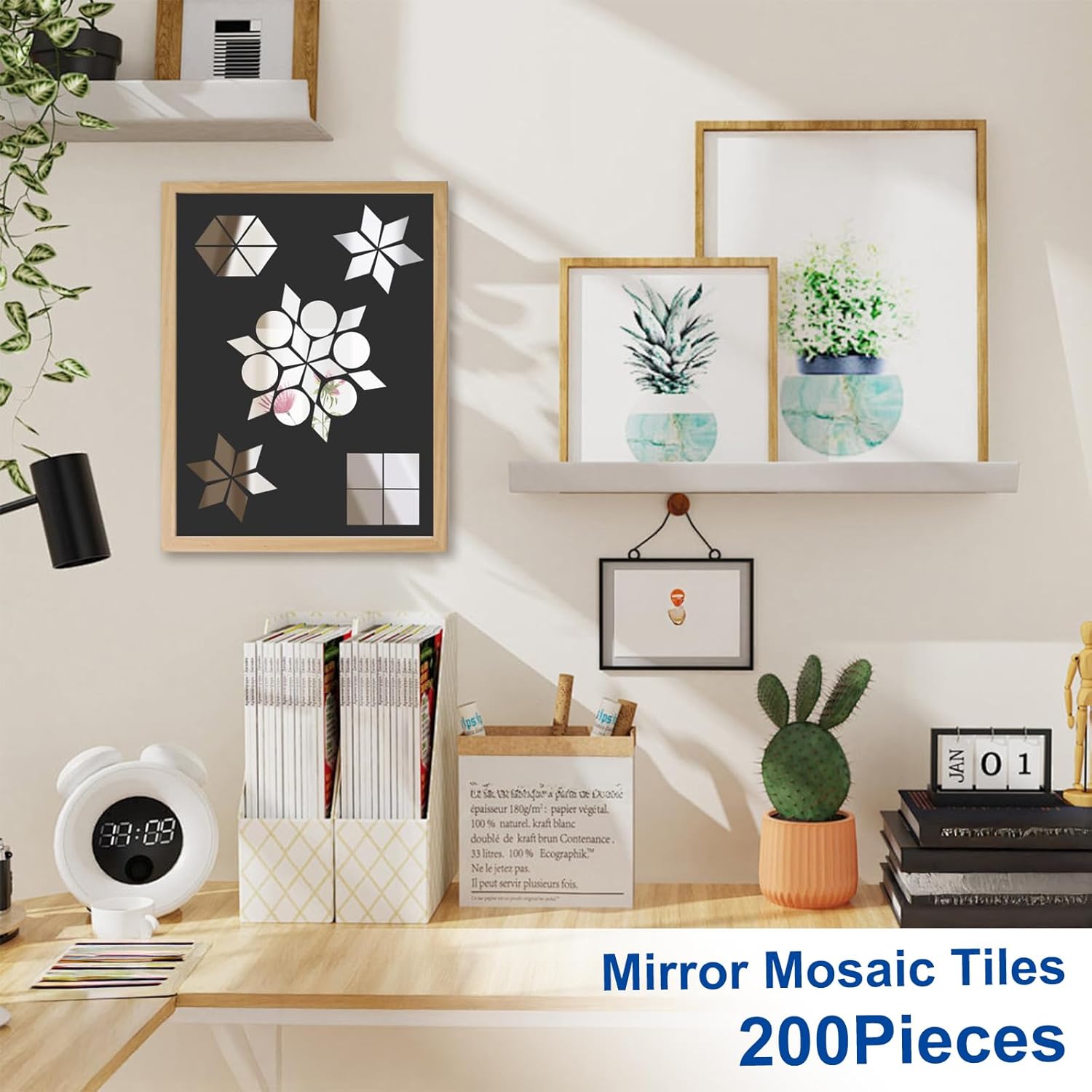 200 Pcs Small Mirrors for Crafts, 4 Shapes Mini Mirrors Tiles, Self Adhesive Mosaic Mirror Tiles Sheets, Triangles/Squares/Rounds/Rhombus Glass Pieces for Wall, Mosaics, DIY, Disco Balls Craft - Image 4