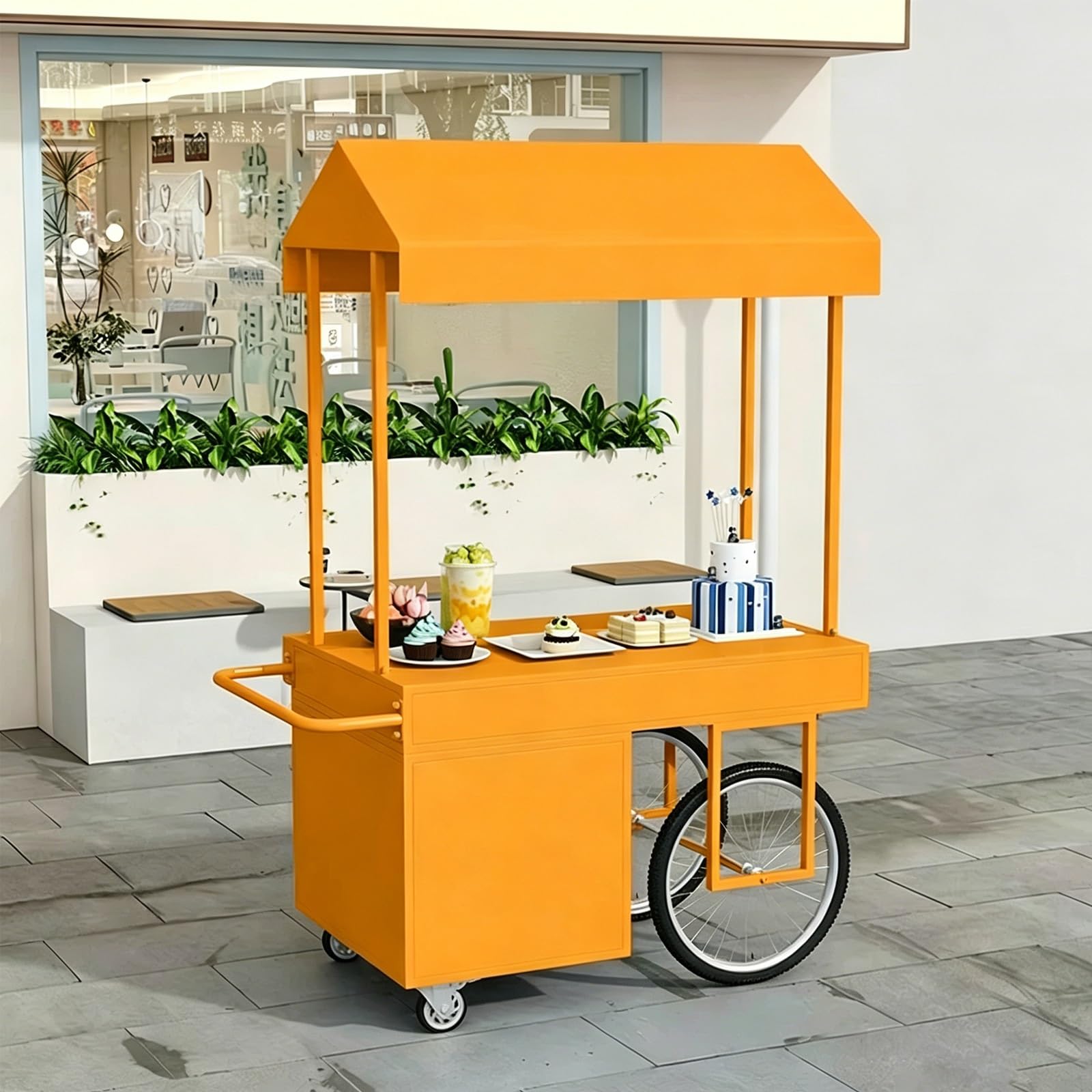 Mobile Food Stand with Canopy, Heavy-Duty Iron Vendor Cart Lockable Wheels, Perfect for Farmers Market, Street Food & Dessert Events