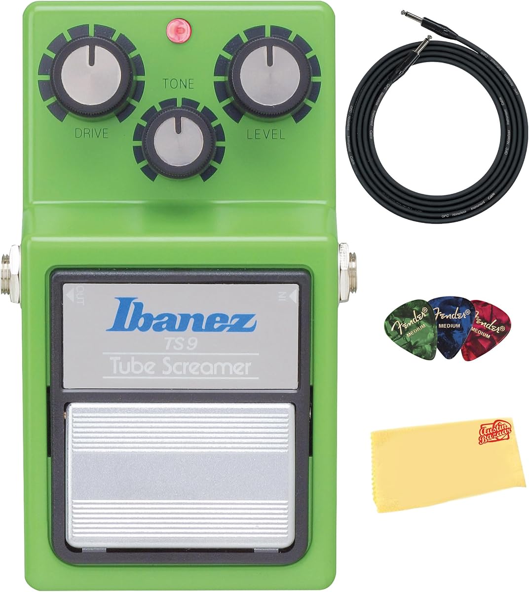 Ibanez TS9 Tube Screamer Overdrive Pedal Bundle with Instrument Cable, Picks, and Austin Bazaar Polishing Cloth