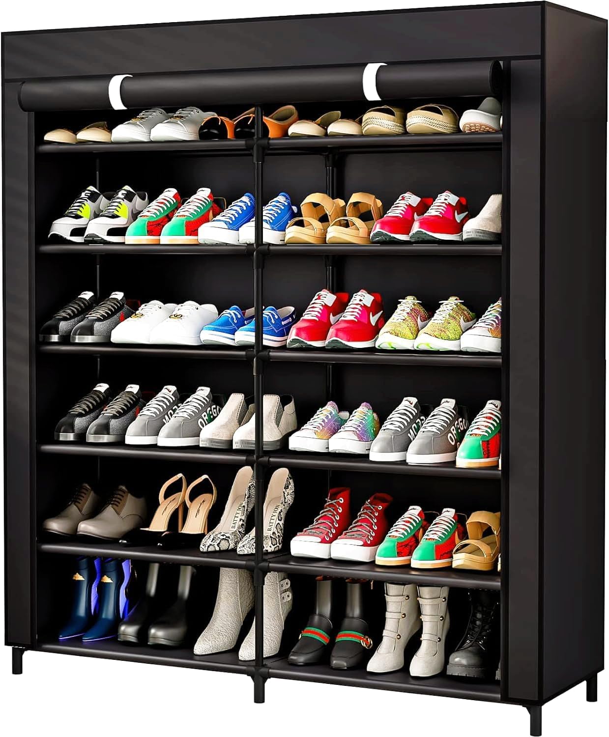 Shoe Rack Organizer for 36 Pair Shoes, Double Rows 12 Lattices Free Standing Shoe Cabinet Storage Shelf Holder with Non-Woven Fabric Dustproof Cover,Large Portable Closet Shoe Tower (Black, 6 Tiers)