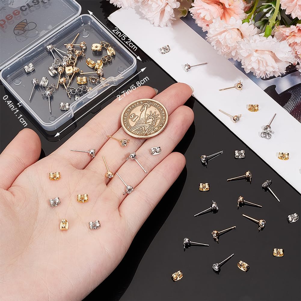Beebeecraft 1 Box 40Pcs 2 Colors Stud Earring Findings 18K Gold & Platinum Plated Cubic Zirconia Post Studs Earrings with Loop and 40Pcs Butterfly Earring Backs for Jewellery Making