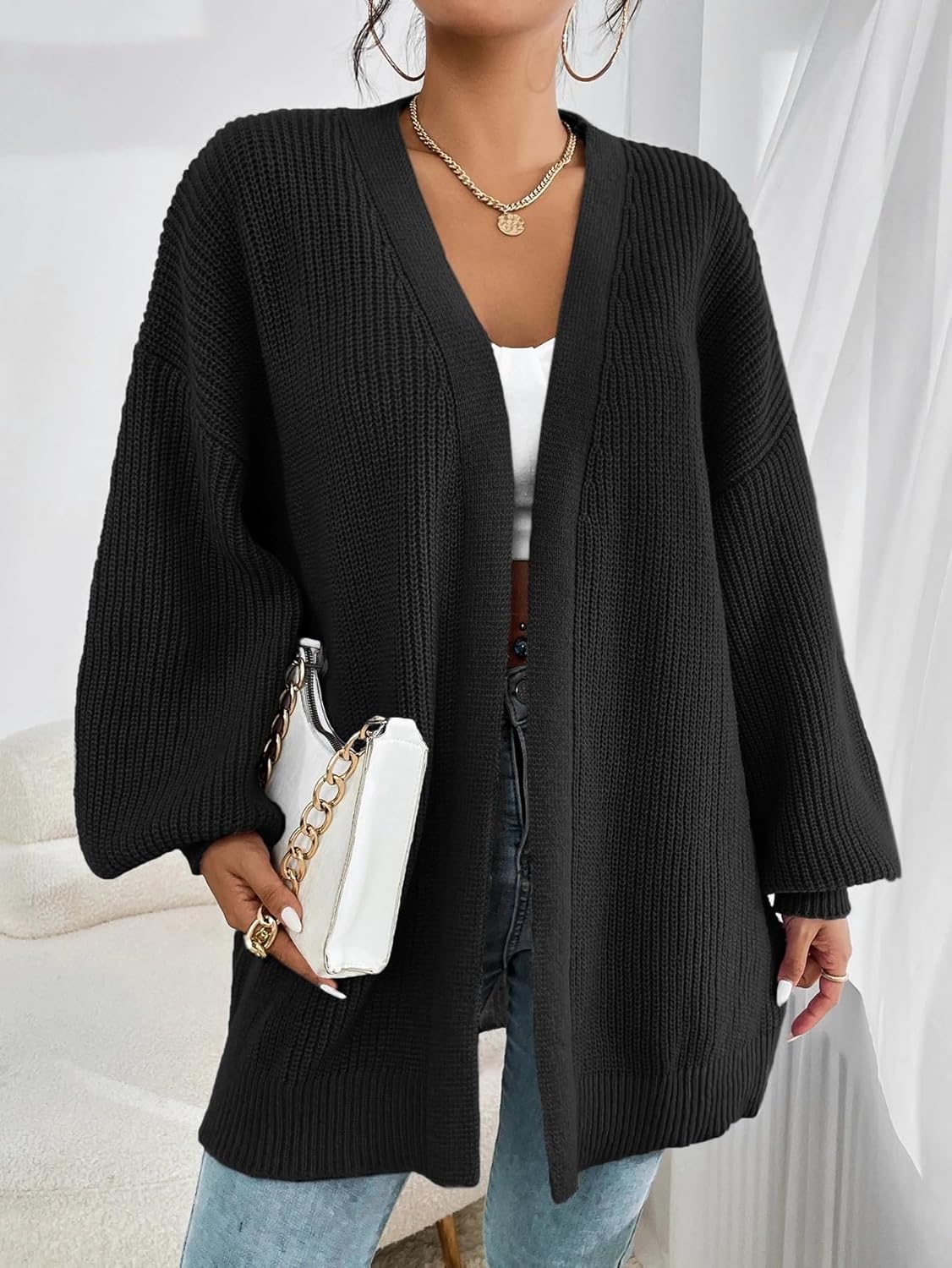 Women's Trench Coat Casual Bishop Sleeve Drop Shoulder Ribbed Knit Cardigan Long Sleeve Classic Overcoat