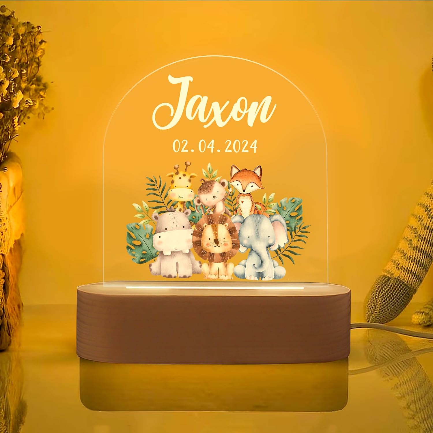 Personalized Night Light for Kids, Baby Night Light Personalized, Custom Baby Night Lights for Nursery, Custom Led Light Wooden Base, Bedroom Bedside Light, Nursery Night Light (Woodland Animals)