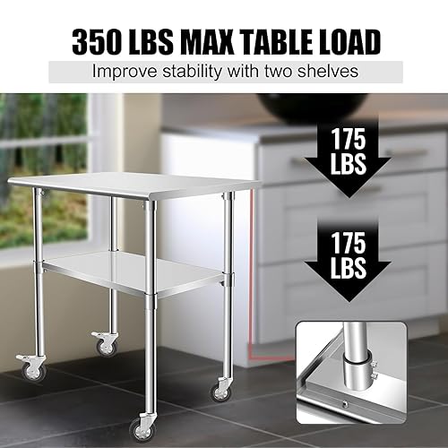 Miniatura 7 de OUKIDR Mesa de trabajo de 36 x 24 pulgadas, mesa de acero inoxidable resistente para preparación con 4 ruedas para cocina comercial, restaurante,