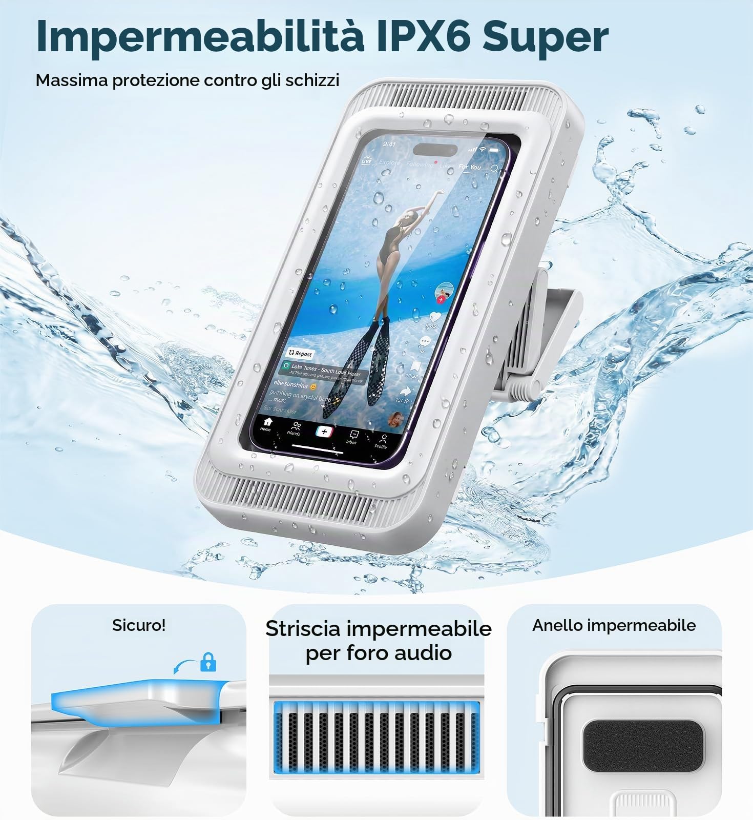 HOTUT Supporto Telefono Impermeabile Per Doccia – IPX6, Antiappannamento, Rotazione 480°, Angolo Apertura 60°, Adatto A Smartphone Fino A 7 Pollici