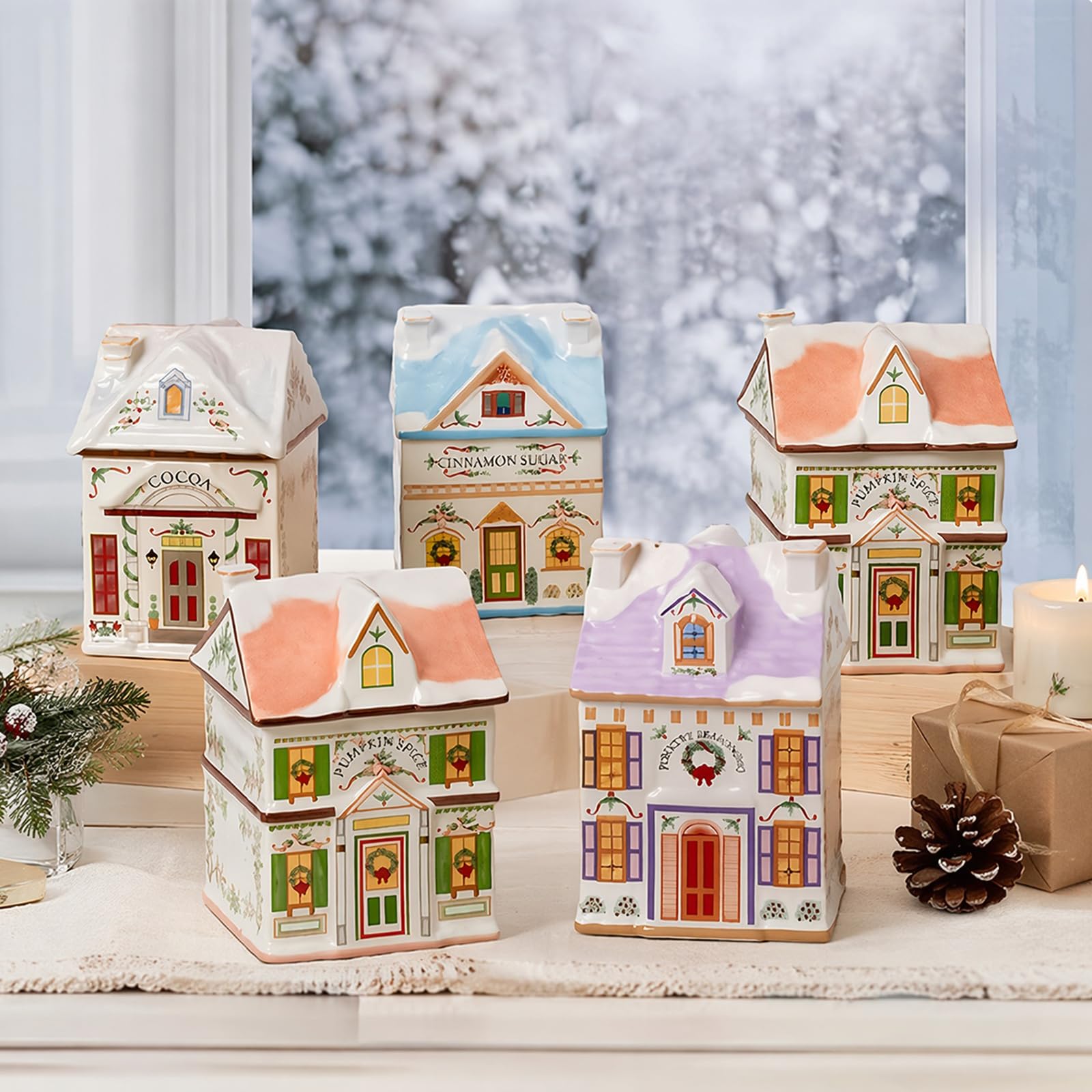 6-teiliges Mini-Weihnachts-Gingerbread-Häuser Gewürzdosen-Set aus Harz im Vintage-Stil, Festliche Dekoration für die Küchenarbeitsplatte, Klassische Gewürz-Dörferkollektion