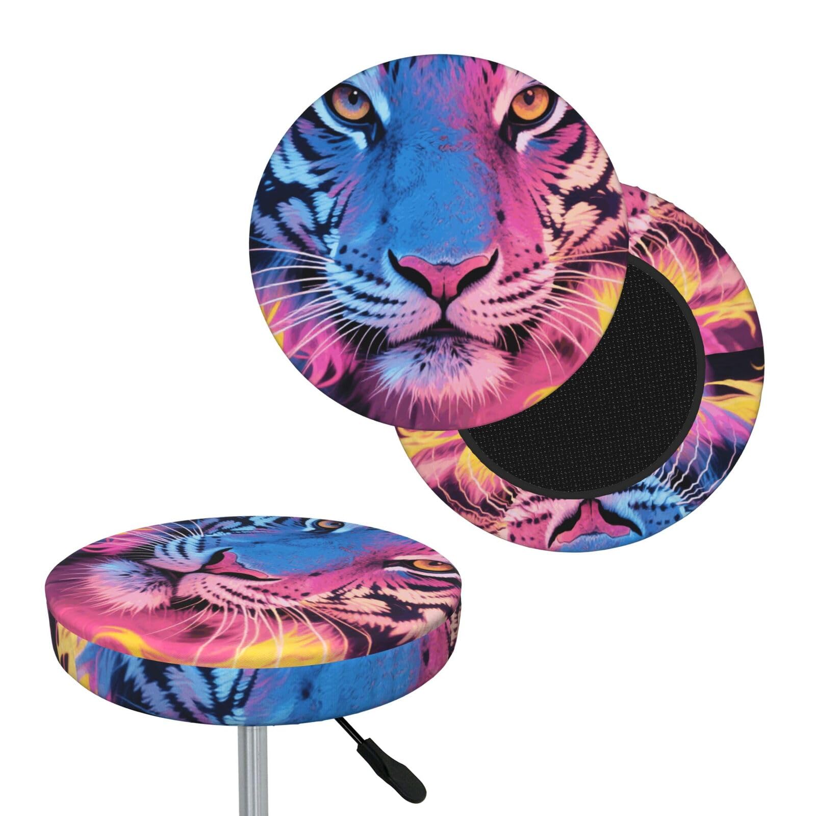 FekiLoot Blue Pink and Yellow Fire Tiger Round Bar Stool Covers Stretch Washable Bar Stool Covers Dustproof Slipcover Bar Chair Covers with Elastic Band for Bar Kitchen Living Room Decor 13 Inch