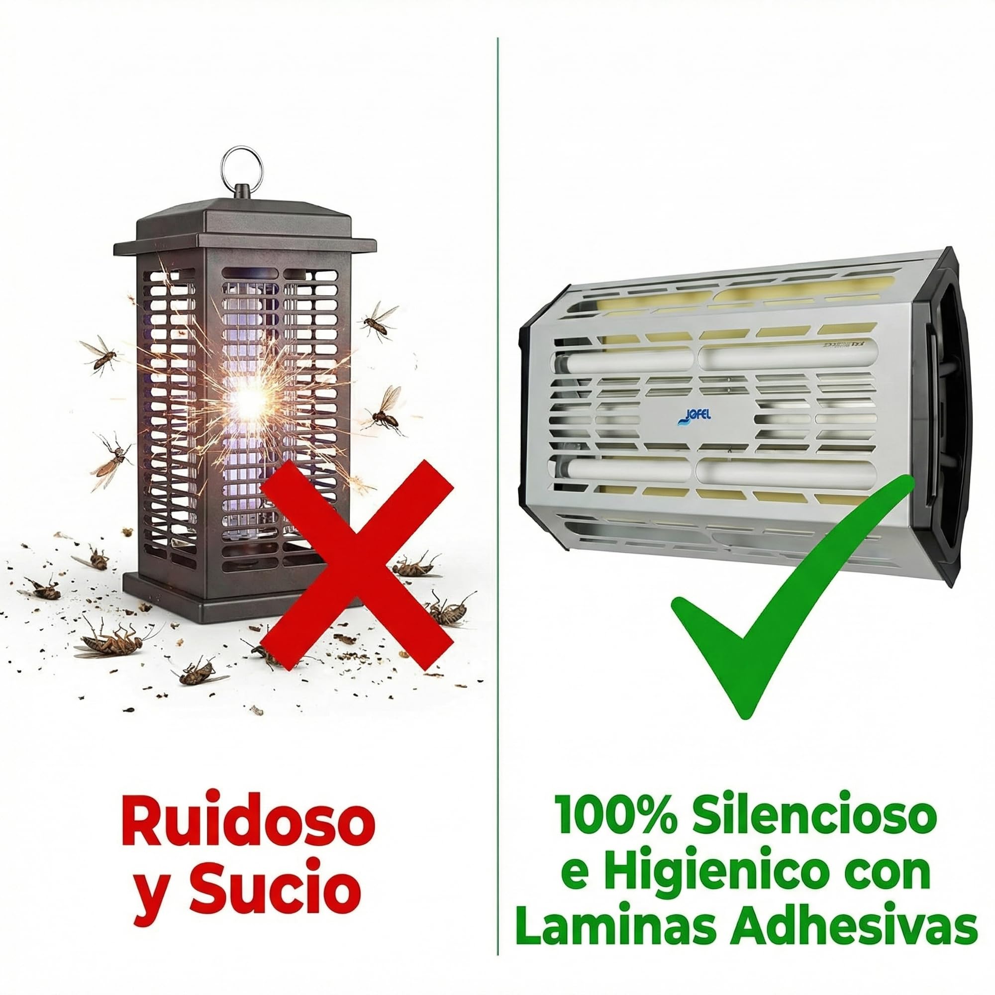 Jofel – AJ70000, Exterminador de insectos mediante láminas adhesivas, de 2 tubos de luz LED UV, para atraer insectos, potencia: 2x15 W (2 tubos)