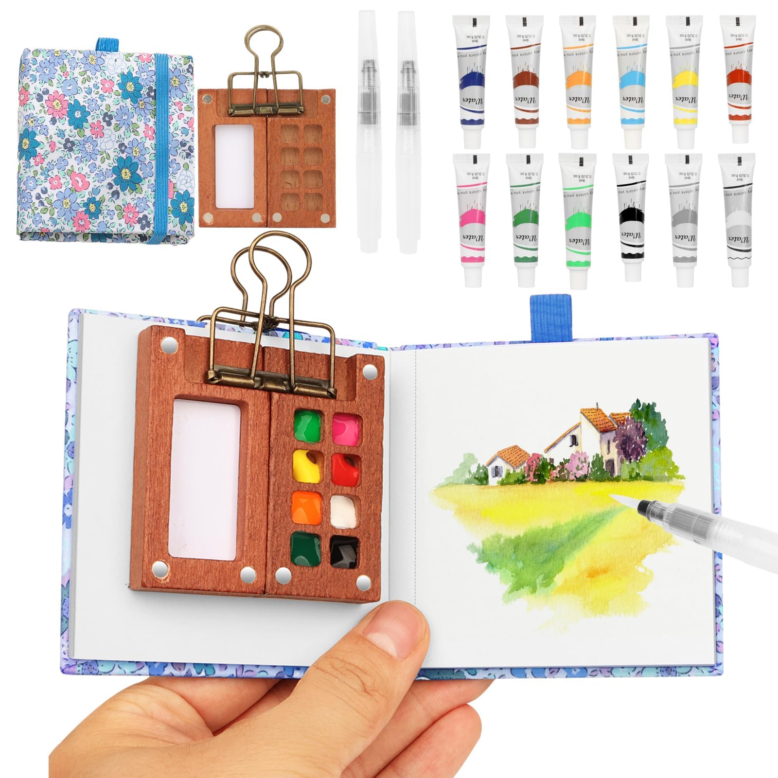 Mini Set de Acuarelas con Cuaderno y Pintura, Paquete Completo Acuarela 12 Colores Paleta Madera mini juego viaje papel acuarela, bolígrafos, clip, 8 cuadrículas para pintores, (Azul)