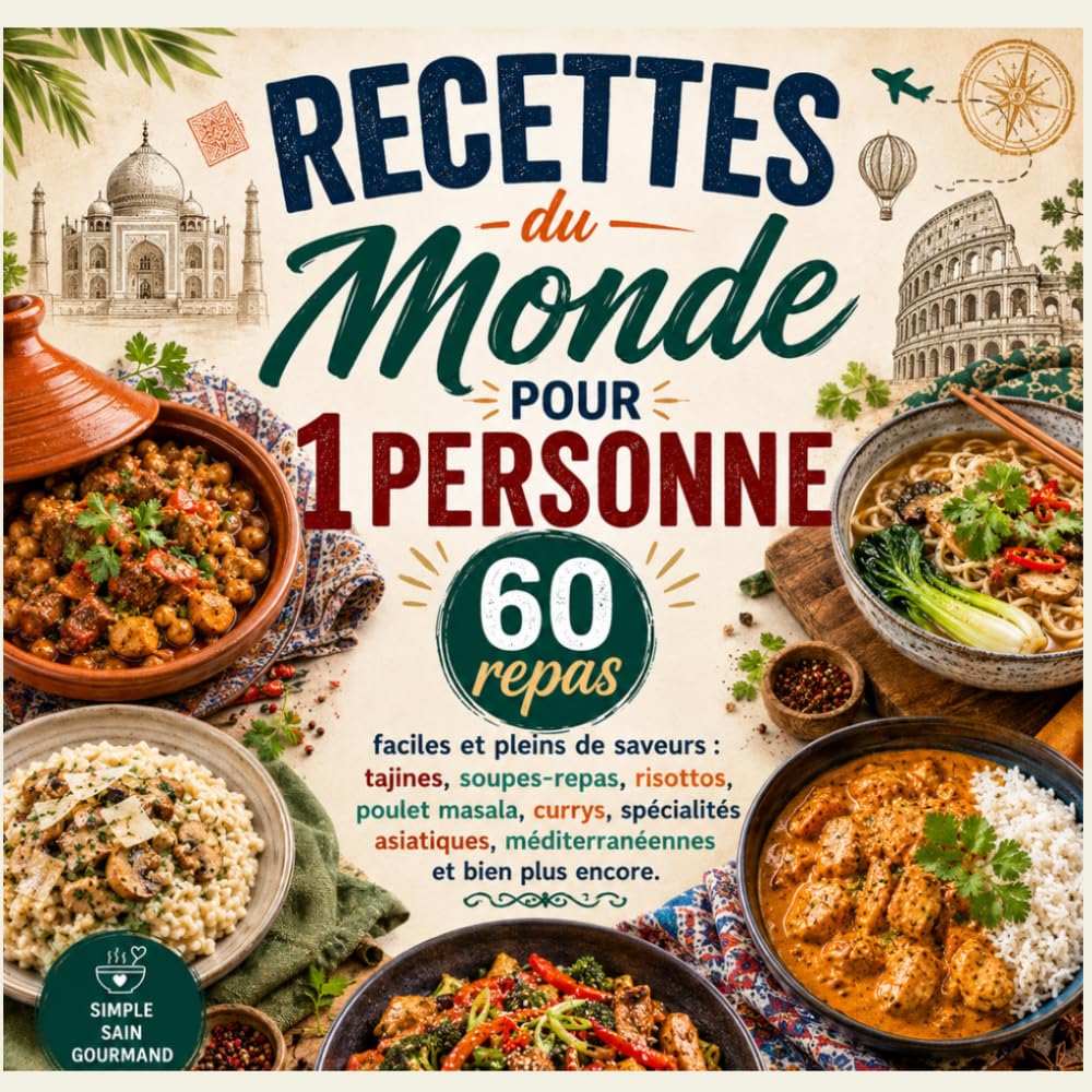 Recettes du Monde pour 1 Personne: 60 repas faciles et pleins de saveurs : tajines, soupes-repas, risottos, poulet masala, currys, spécialités asiatiques, méditerranéennes et bien plus encore.