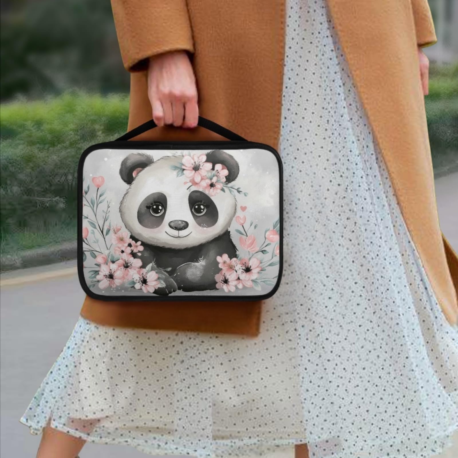 Custodia Libro Carino Fiore Panda Copertura Bibbia con Manico Cerniera Tela in Poliestere per Uomo Donna Porta Libro Grandi Capacità Custodia per Libri 27.5x22.5x5.5 cm