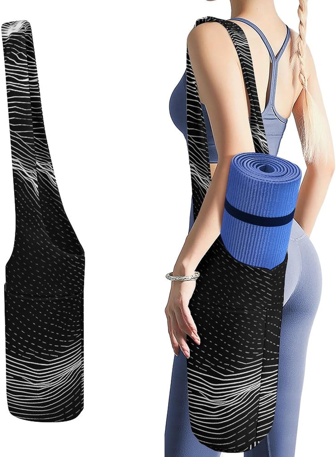 Canvas Yoga Bag,White Line Pattern Printed Yoga Mat Handbag,Portable Yoga Mat Bag Large Capacity Gym Bag for Men Women Pilates Beach Travel