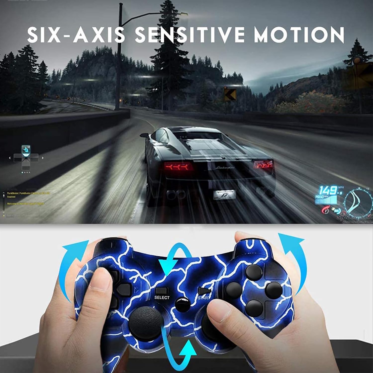 Bowei PS3 Controller Wireless 2 Pack Double Shock Gamepad for PlayStation 3 Remotes, Six-Axis Wireless PS3 Controller with Charging Cable, Blue+ Purple