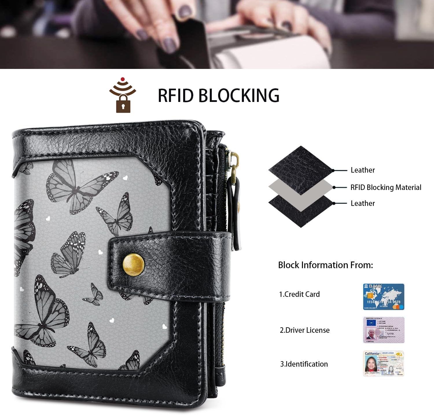 Women Leather Wallet RFID Blocking Small Bifold Zipper Pocket Wallet Card Case Purse with ID Window, Black Butterfly - Image 6