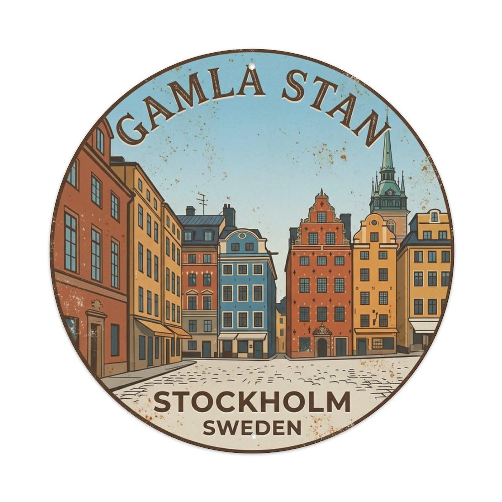 Vintage Travel Gamla Sweden Oldtown Metal Tin Sign