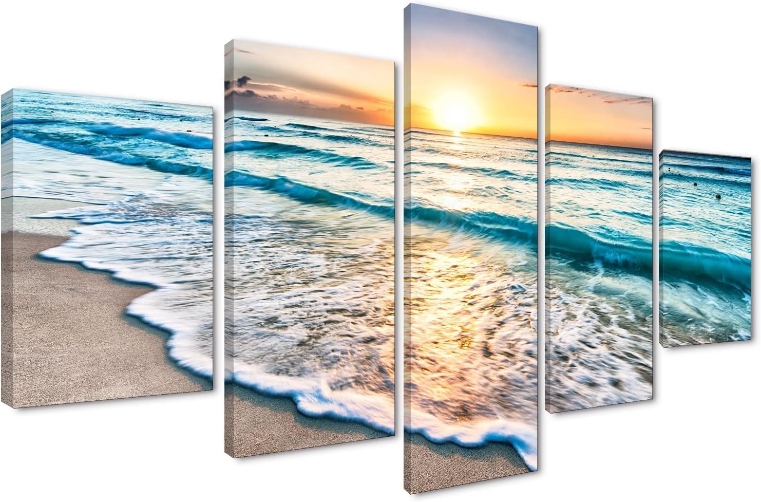 Follmax Decor Art- 5 Panels Modern Artwork Framed Wall Art Blue Sea Waves White Beach with Sunset Painting Prints on Canvas Wall Art Décor for Living Room Bedroom,Ready to Hang (BlueSeaWhiteBeach, 12x16inchx2pcs, 12x24inchx2pcs, 12x32inchx1pc BlueSeaWhiteBeach