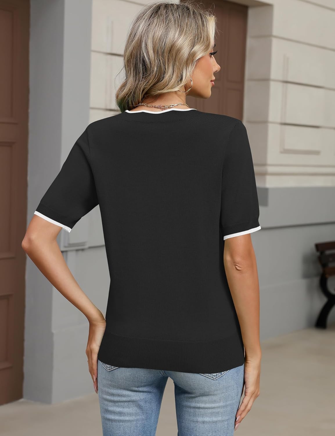 LOMON Womens 2026 Spring V Neck Sweater Casual Tops Short Sleeve Lightweight Ribbed Knit Pullover Sweaters - Image 3