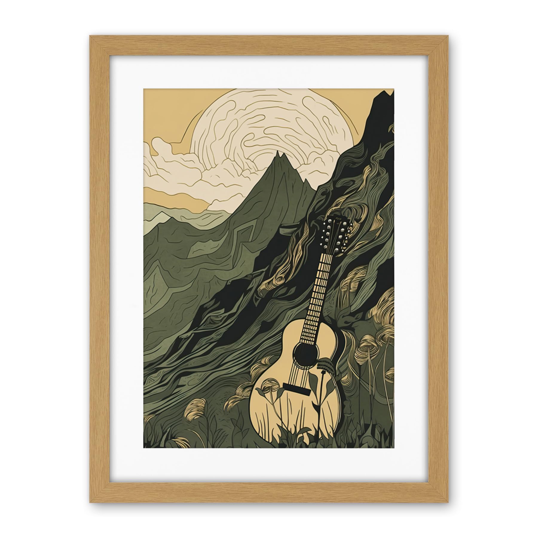 Artery8 Guitar on Mountain Landscape Morning at Campsite Artwork Framed Wall Art Print 18X24 Inch