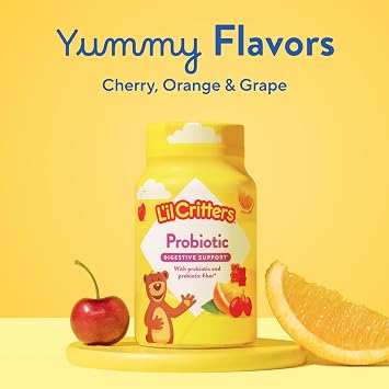 L'il Critters Kids Probiotic Gummies | 60 Children's Gummy Vitamins | with Prebiotic Fiber | 1 Billion CFUs | Assorted Fruit Flavors | Gluten, Dairy, Gelatin-Free Supplement