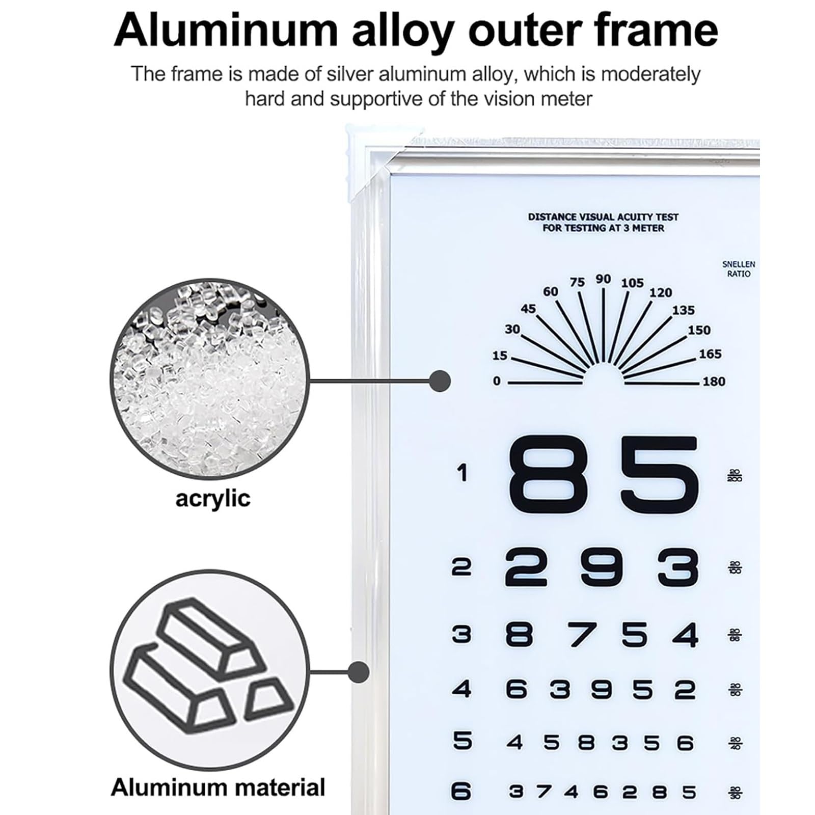 Tabelle per la prova della vista, 5 m, con tacca per rosso e verde e tacca per astigmatismo, per scuole, cliniche, famiglie, negozi di ottica