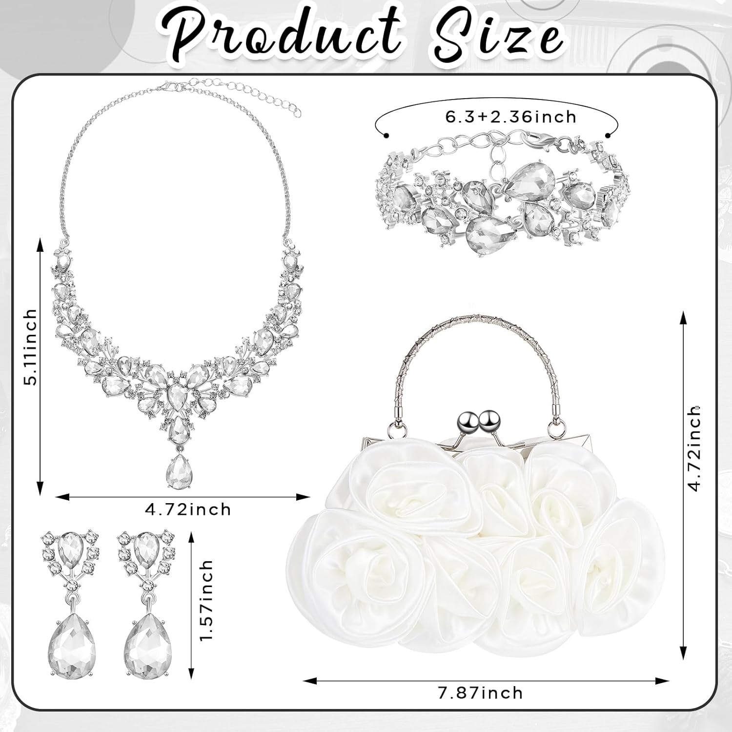 4 Pcs Flower Clutch Rhinestone Jewelry Set Rose Clutch Handbags with Detachable Strap Detachable Necklace Earrings Bracelets for Wedding Party Prom Valentine Gift