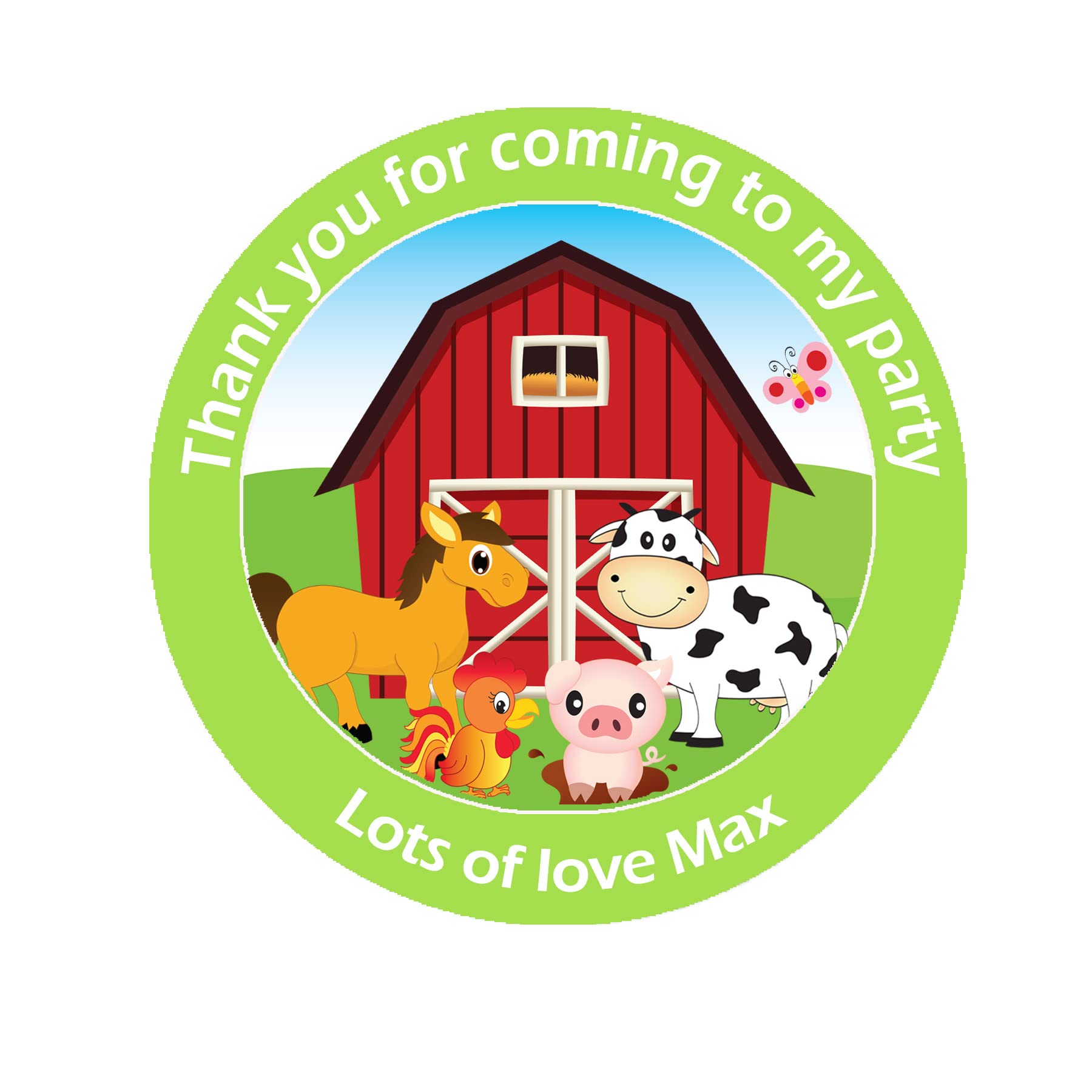 24 x Personalised Farm Animal Birthday Gift Stickers - Thank You, Favour, Birthday, Party, Themed Event (Green)