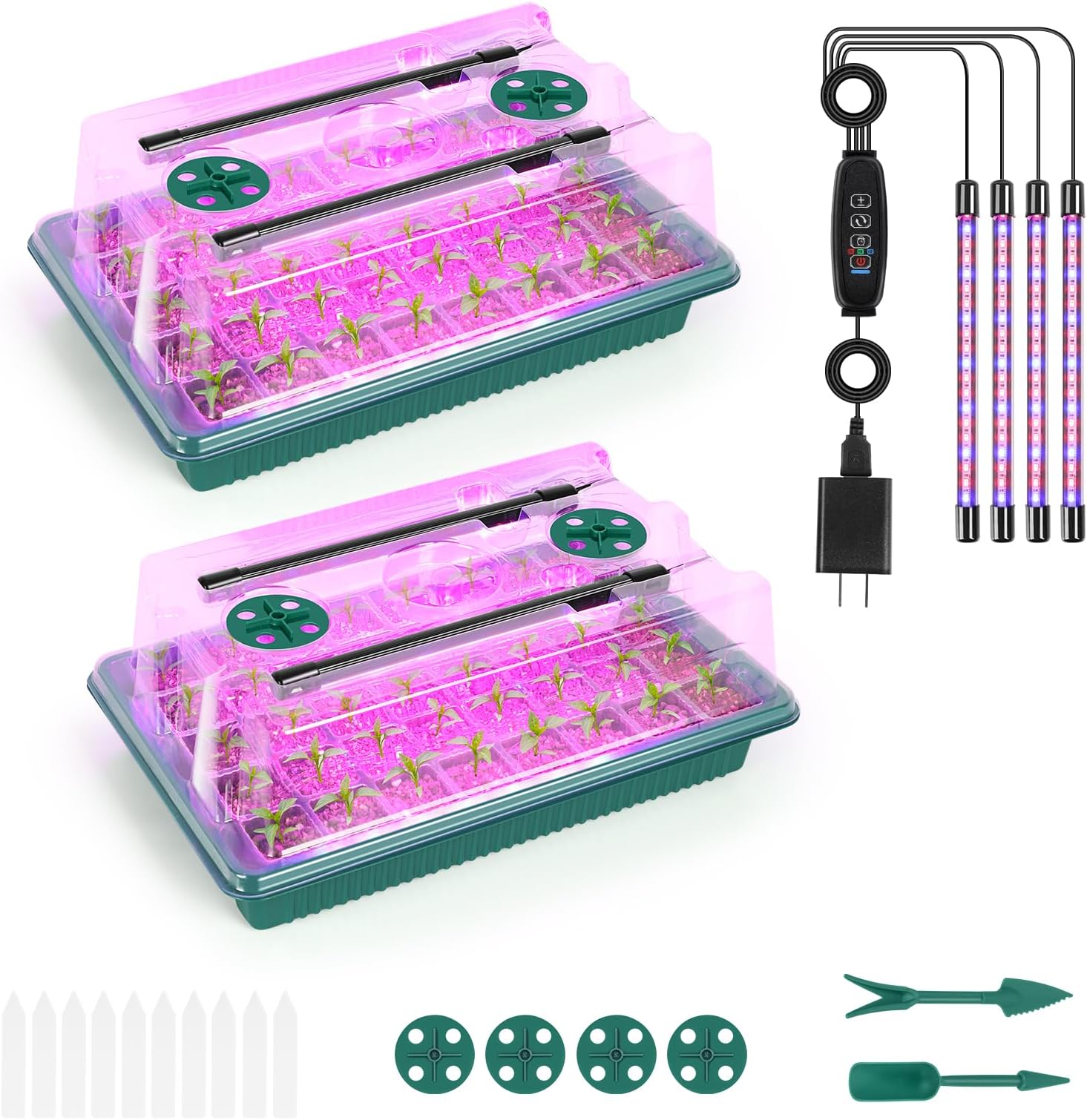 Sunexinlo Seed Starter Tray with Grow Light, 2 Pack 80 Cells Seedling Tray Kit with Humidity Hood and Drainage Hole, Adjustable Light & Timing, Perfect for Indoor Seed Cultivation