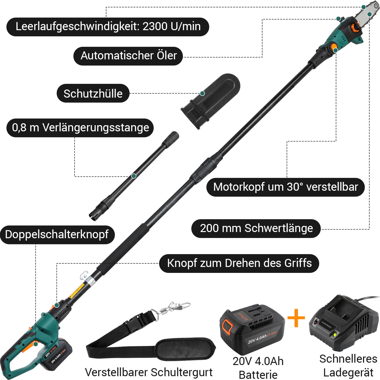 Élagueur sur Perche sans Fil, Perches Élagueuses, Batterie Li-Ion 20 V 4,0Ah/Chargeur, Lame de 24 cm, Vitesse de Chaîne 5 m/s, avec Extension de 68cm & Bandoulière, Tête Inclinable à 30°, Portée 3 m