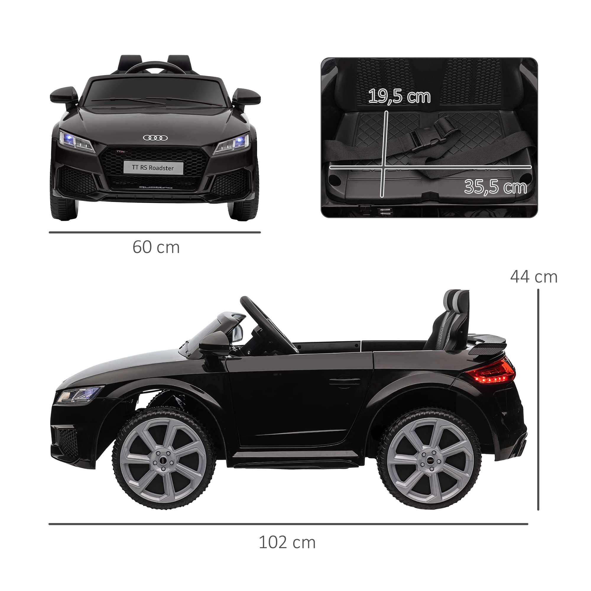 HOMCOM Kinder Elektroauto 12V Kinderauto mit 2,4 G Fernbedienung, 2 Motor, Kinderfahrzeug mit Hupe, LED, Musik, USB/MP3-Anschluss, Rückwärtsfunktion, Elektrofahrzeug für Kinder 3-5 Jahre, Schwarz