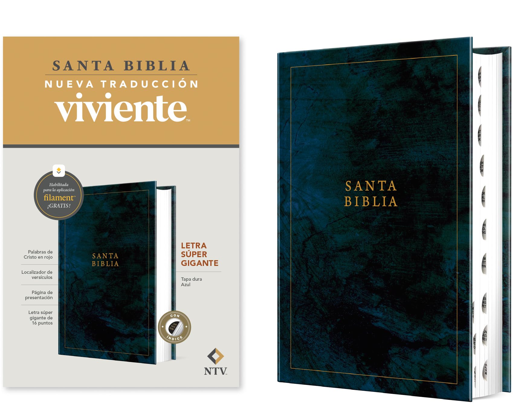 Biblia letra súper gigante NTV, con Filament (Tapa dura, Azul, Índice, Letra Roja)