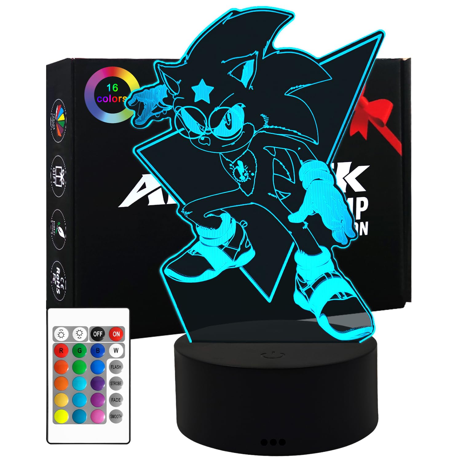 AIRUEEK Sonic Hedgehog Toy, 3D Night Light, 16 Colour Variations, LED Illusion Lamp, Bedroom Decor Lighting/Sonic Toys