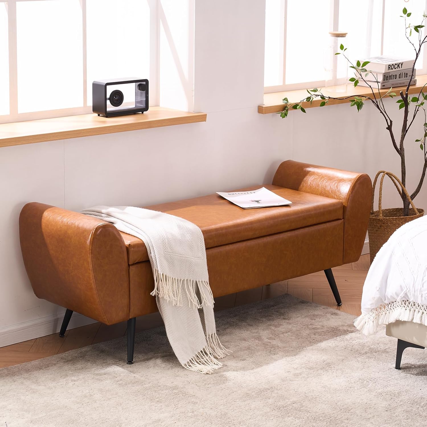 Storage Bench for Bedroom, 55" Extra Long Bench for King Size Bed, Modern Upholstered End of Bed Ottoman Bench with Arms for Entryway Living Room (Vegan Leather, Camel Brown)