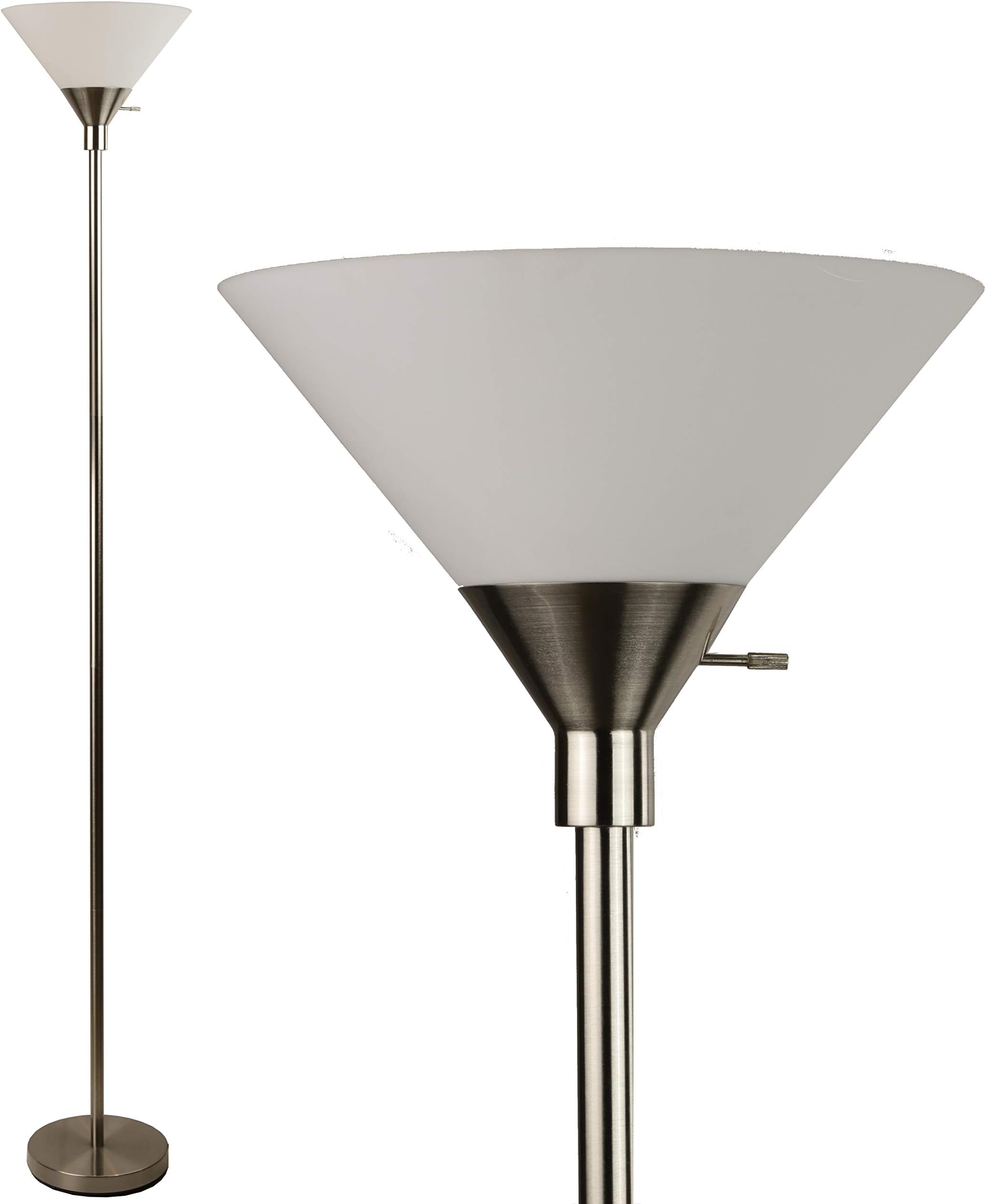 Metro Modern Floor Lamp 72" Tall Floor Light Brushed Nickel Metal With White Shade - Stand Up Lamp - Uplight Pole Light Standing Lamp Floor Lamp For Bedroom Silver Floor Lamps For Living Room