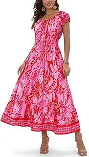 Womens Boho Floral Maxi Dress Short Sleeves Smocked Waist Tiered Long Dress Summer Beach Vacation Casual Flowy Sundress(Pink Red,XXL)
