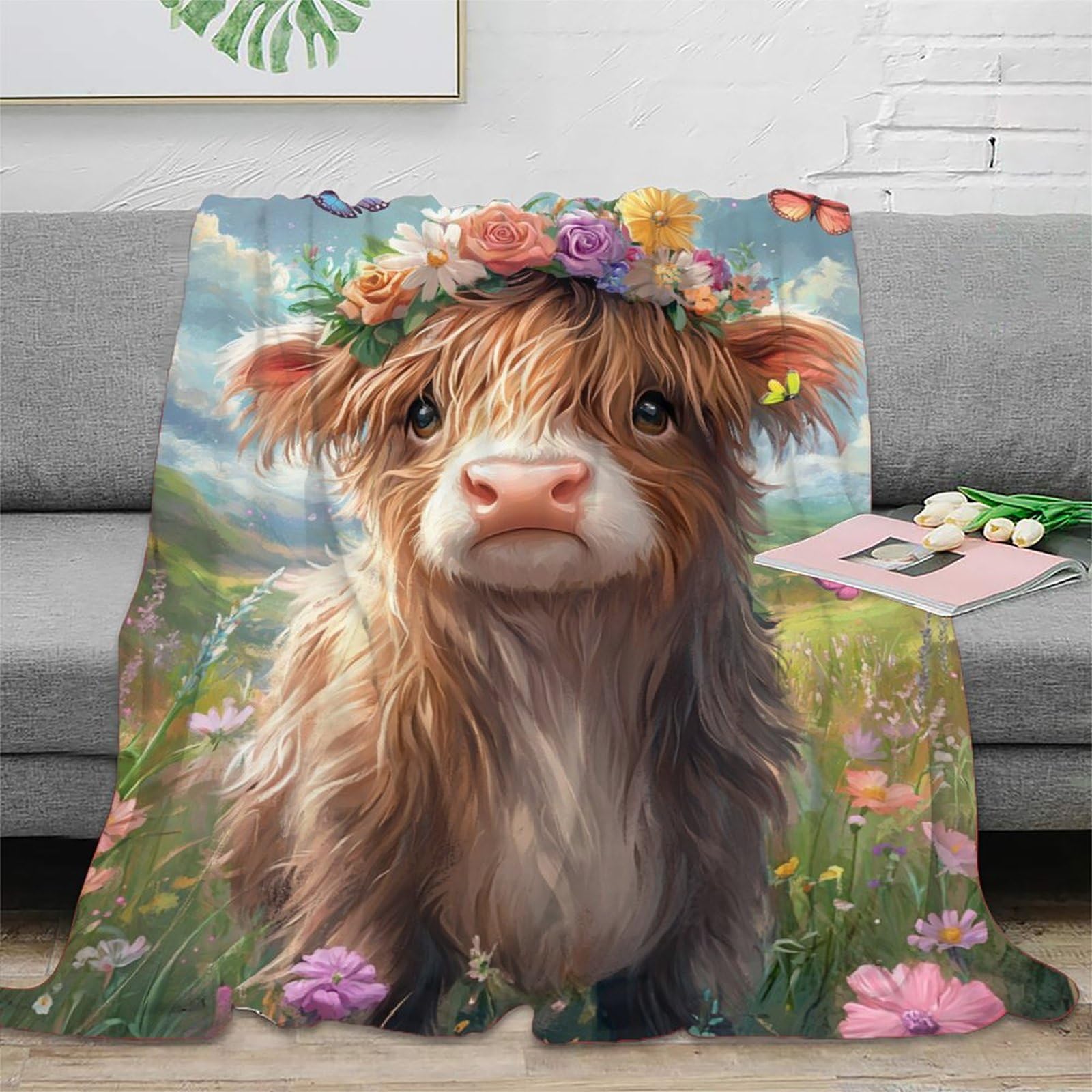 Emyxpaqm Style-12 Fleece Throw Blanket Highland Cow Pattern For Couch, Sofa, Bed, Fluffy, Highland Cow Flower Crown Blankets, Soft & Warm, Creative Gift For Kids, Teens, Adults, 70X80inch(180X200cm)