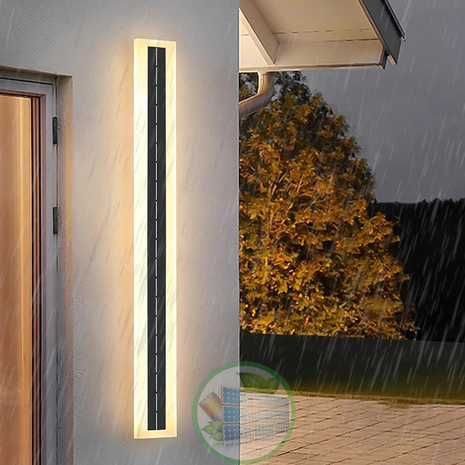 Außen Solar Wandleuchte Kabellos LED Lang Solarlampen Wasserdicht IP65 Schwarz Rechteckig Solarbetrieben Wandleuchter Modernes Acryl Wandbeleuchtung Hof Villa Eingangstür (Warm Light,100CM)