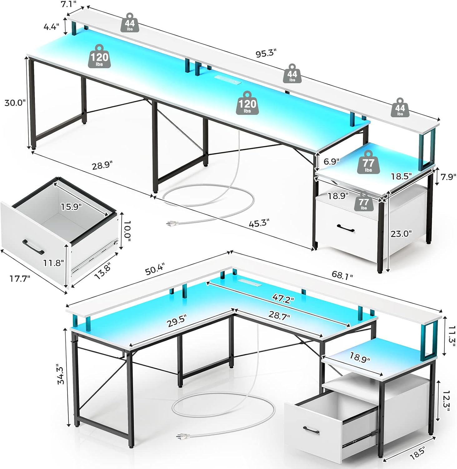 Rolanstar Computer Desk with File Drawer, 68" L Shaped Desk with Power Outlet & LED Strip, L Shaped Computer Corner Desk with File Cabinet, Gaming Desk with Monitor Shelf, Home Office Desk, White : Home & Kitchen