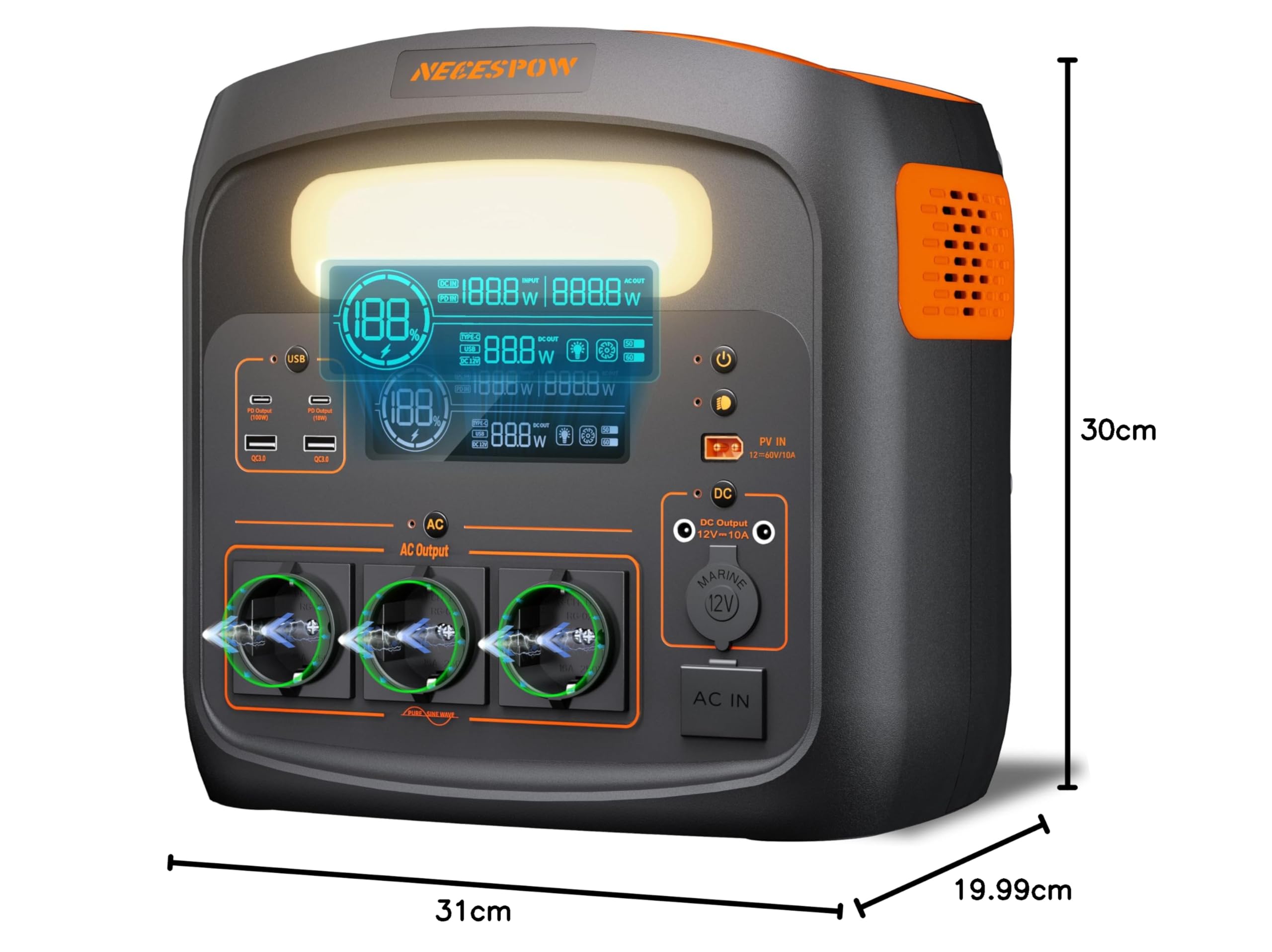 Tragbare Powerstation 1800W(3600W Spitze)/1024Wh, LiFePO4 Akku, 0-80% in 45 Min aufgeladen, USB-C-100W, 230V AC Steckdosen, MPPT 400W Solarladung, Solargenerator für Camping, Outdoor