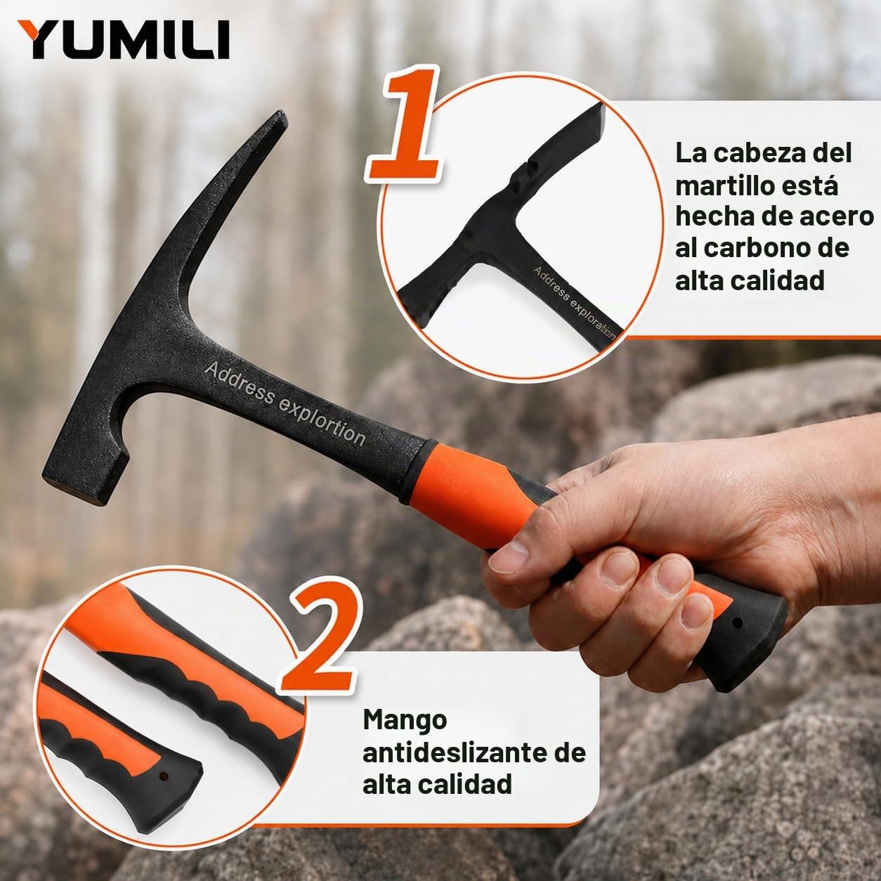 Geológico Exploración Martillo, Martillo Geológico Profesional 850g, Geología Rock Pick Hammer, Pico de Roca de Cabeza Plana, Herramienta de Exploración de Minerales para Geología al Aire Libre, 285mm