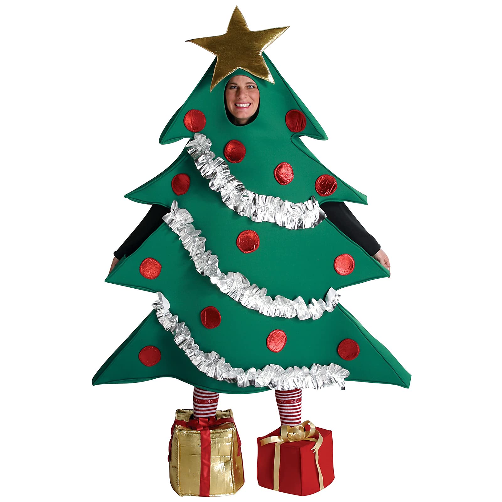 Fiacafyo Adults Christmas Tree Costume Cosplay Set Tree Shaped Stage Performance Costume+Gift Shaped Shoes Funny Xmas Outfit (A-Green, One Size) โ image 1