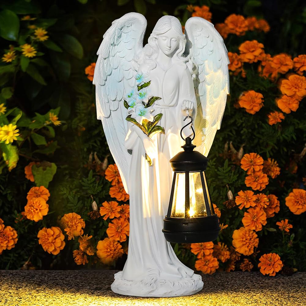 Statue da giardino a forma di angelo custode con lanterna solare a LED, decorazione per esterni, resistente alle intemperie, per cimitero, scultura d'angelo, giardino, terrazza, davanzale, 33