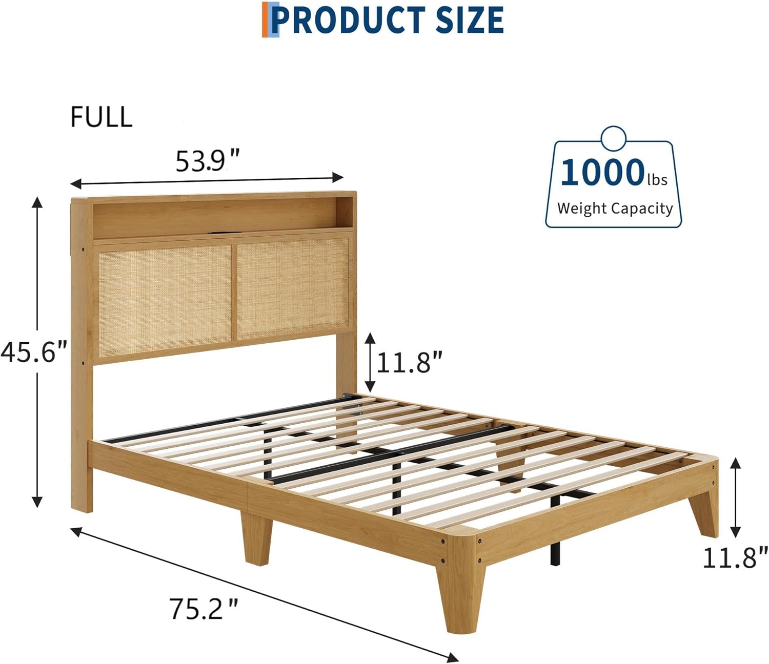 IDEALHOUSE Rattan Bed Frame Full with Natural Rattan Headboard,Bohemian Full Bed Frame with LED Lights & Charging Station,2 Tier Storage Headboard,Under Bed Storage,No Box Spring Needed