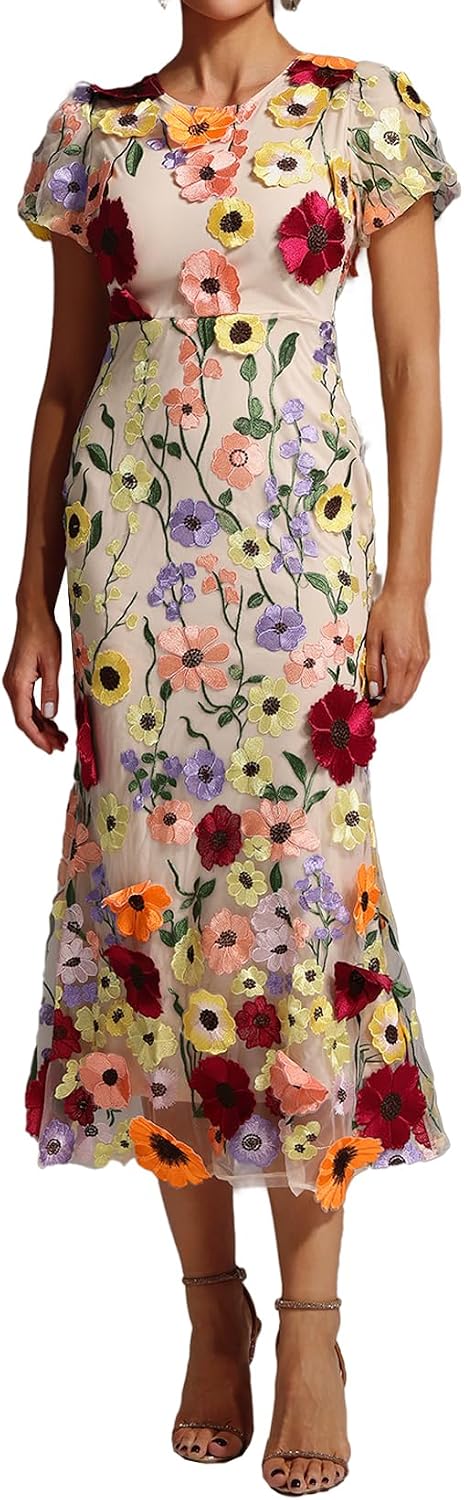 BELLA BARNETT Floral Short Sleeve Bodycon Garden Party Dress Elegant Flowers Embroidery Fishtail Party