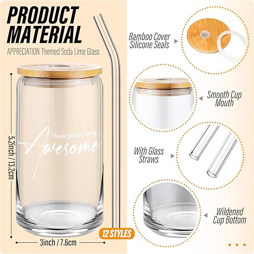 Miniatura 2 de Nuanchu Paquete de 12 vasos de vidrio a granel con tapas y pajitas de bambú, regalos de agradecimiento para compañeros de trabajo, profesores,