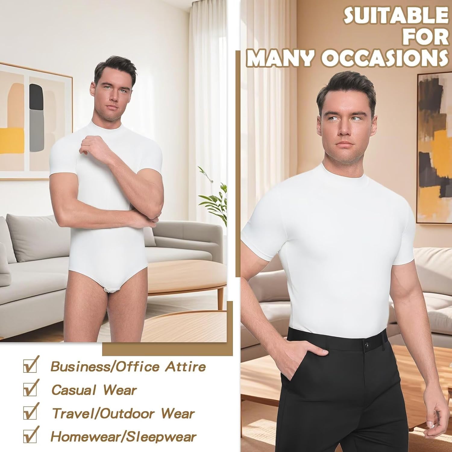 Landofgenie Mens Mock Neck Short Sleeve Onesie Solid One Piece Bodysuit Basic Romper Pajama Crotch Snaps - Image 6