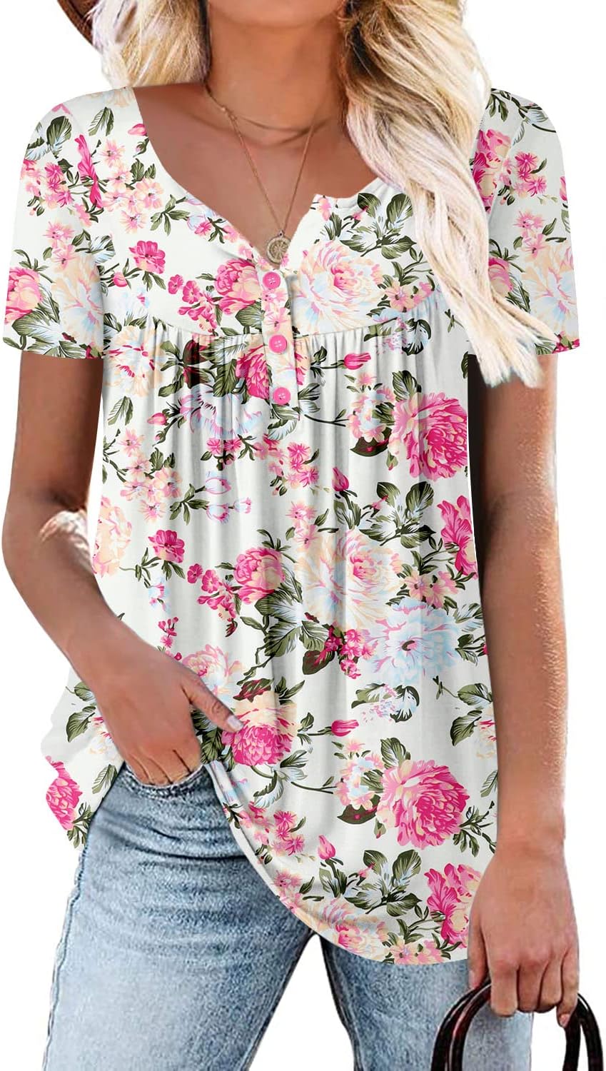 ROSELINLINWomen's Short Sleeve Shirts Floral Summer Tops Loose Fit for Leggings