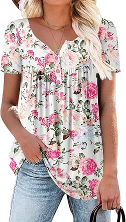 ROSELINLIN Womens Short Sleeve Shirts Floral Summer Tops Loose Fit for Leggings