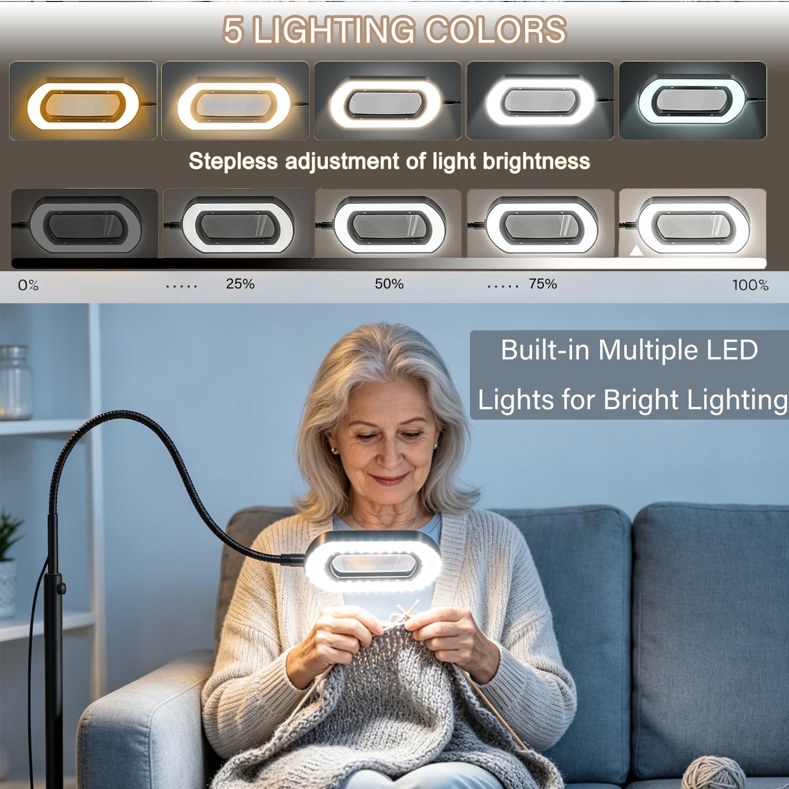 Lupa de Pie LED 3 en 1 con Cuello Cisne Flexible, Lupa de Gran Aumento con Luz Regulable en Color e Intensidad, Lámpara Lupa para Lectura de Ancianos