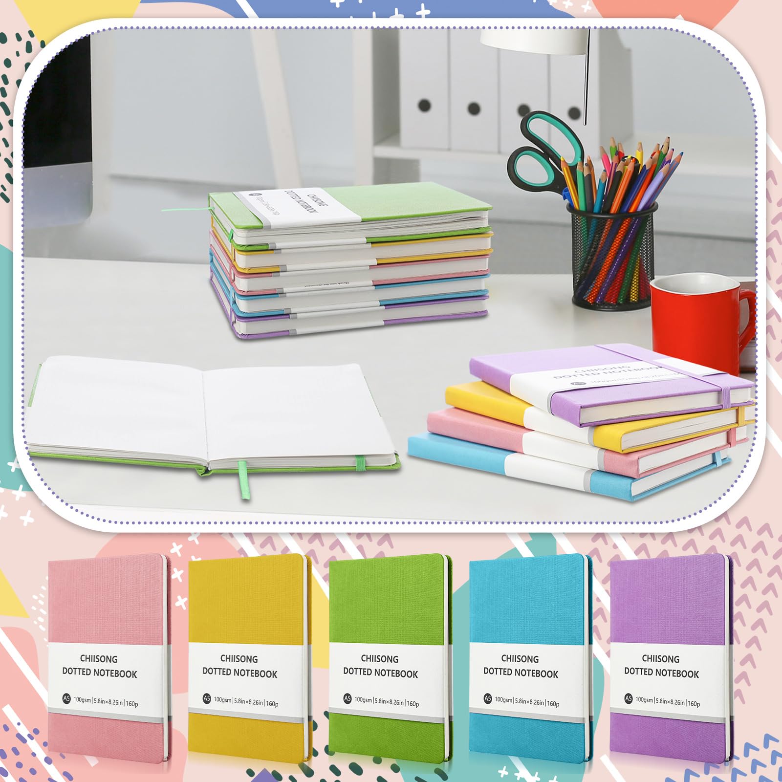 Chiisong Paquete de 10 cuadernos de puntos a granel, cuaderno de cuadrícula de puntos A5 con papel de 100 g/m², diario punteado de tapa dura de cuero con 160 páginas para mujeres y hombres,
